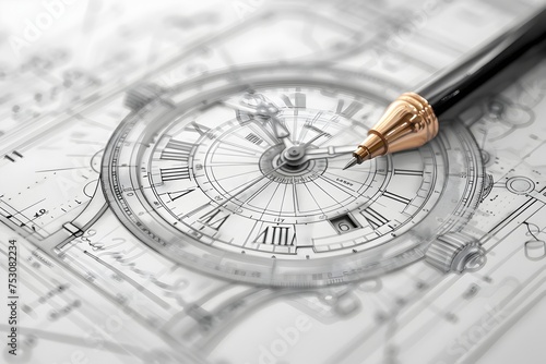 Pen and Blueprint of a Clock in Aetherclockpunk Style, To convey a sense of timelessness and innovation in the field of clockmaking and design photo