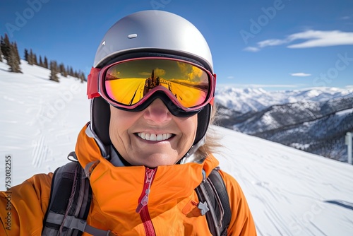 Selfie photo of an elderly woman in ski goggles, a hat and equipment against the backdrop of a sunny snowy mountain landscape. © photolas