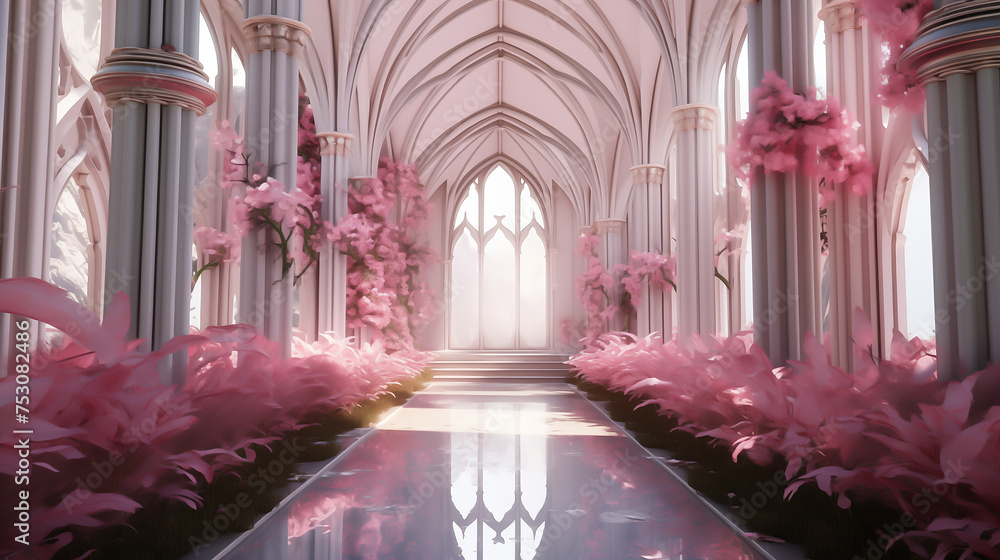pink flowers, fantasy portal with pink flowers of hall for wedding ceremony - obrazy, fototapety, plakaty 