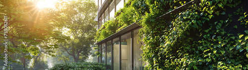 Sustainable architecture concept showing a building with a living green wall, reducing CO2 levels. Sustainable green building. Eco-friendly building. Green architecture.