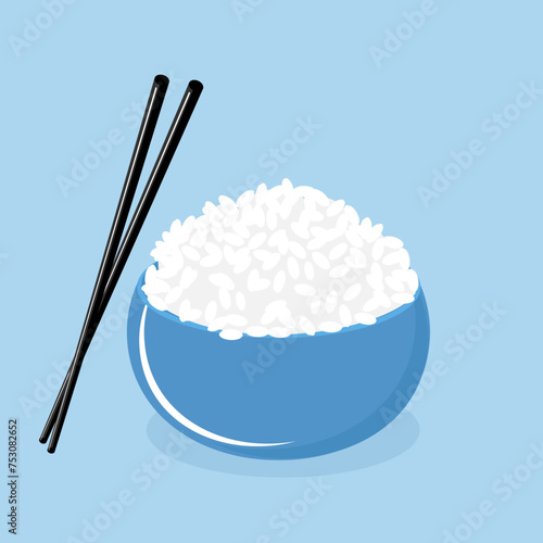 Rice bowl with chopsticks on blue background vector.