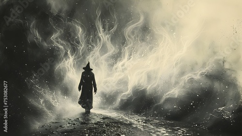 Witch Walking in Foggy Forest, To convey a sense of mystery and the supernatural in a stylish and artistic way, perfect for Halloween or magic