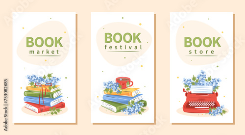 Set of layout design for bookshop, library, bookstore, festival or education.  Books with spring flowers. Vector illustration
