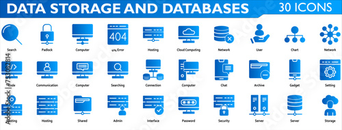 Data Storage and Databases icon set. Containing padlock,computer,hosting,404 error,cloud computing,network,user,code,communication,connection,setting,shared,password,server and security. Solid Gradien