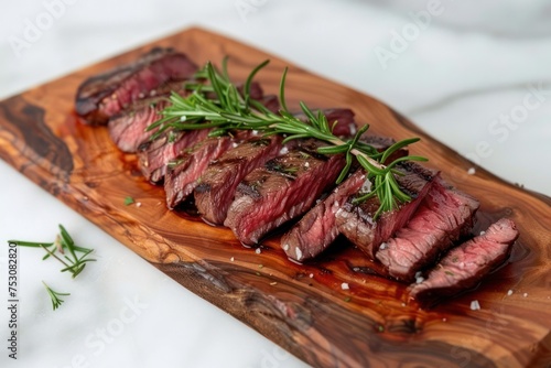 Medium rare sliced grilled striploin beef steak served on wooden board 