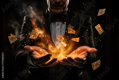 A magician in a tuxedo creates a spectacular display of fire and flying playing cards, showcasing a dramatic illusion in the dark.