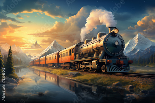 Travel by train in a beautiful mountain landscape at dusk, illustration generated by AI