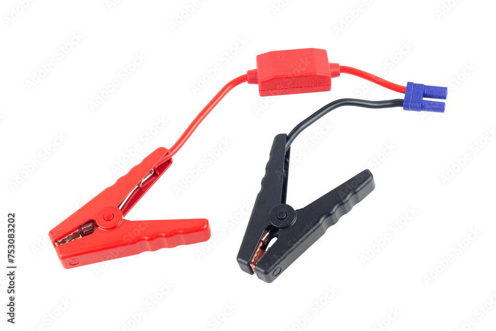 Start cable, starter cable with connectors for jump charger, isolated from background Start cable, starter cable with connectors for jump charger, isolated from background