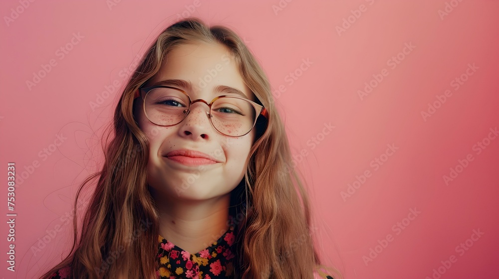 Smiling young girl with glasses on a pink background. casual wear, playful mood. perfect for lifestyle blogs. AI Smiling young girl with glasses on a pink background. casual wear, playful mood. perfect for lifestyle blogs. AI