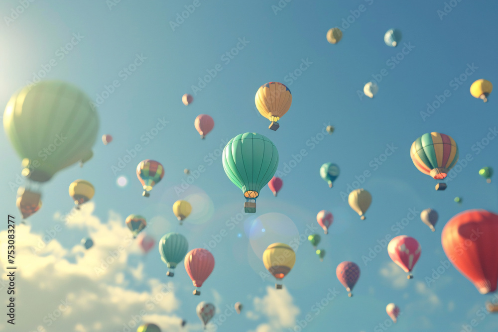 3D animation of balloons soaring in a clear sky