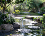 Zen-inspired 3D garden with flowing water and tranquil stones for meditation