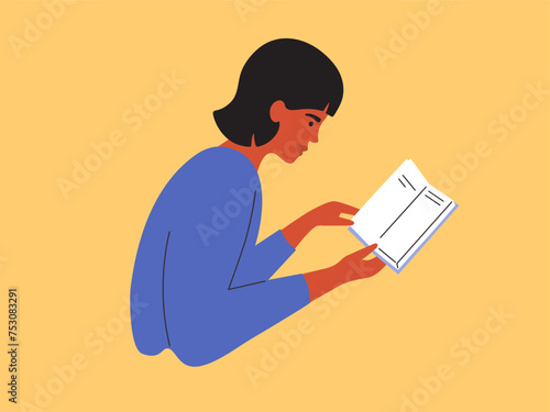 Young woman reading holding book in hand. Female person books lover concept. Teen girl looks interest at page reads extracurricular literature. Literacy day fest, school education vector illustration