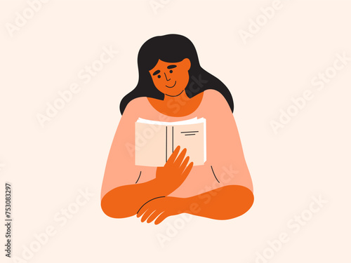 Young woman reading holding book in hand. Female person books lover concept. Teen girl looks interest at page reads literature. Leisure, relax, literacy day fest, school, education vector illustration