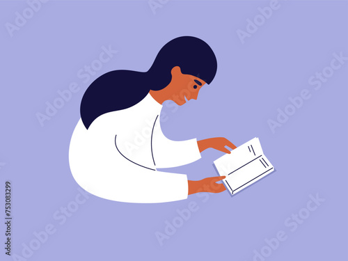 Young woman reading holding book in hand. Female character relaxing. Books lover concept. Teen girl looks interest at page reads literature story. Book club, festival vector illustration. Literacy day