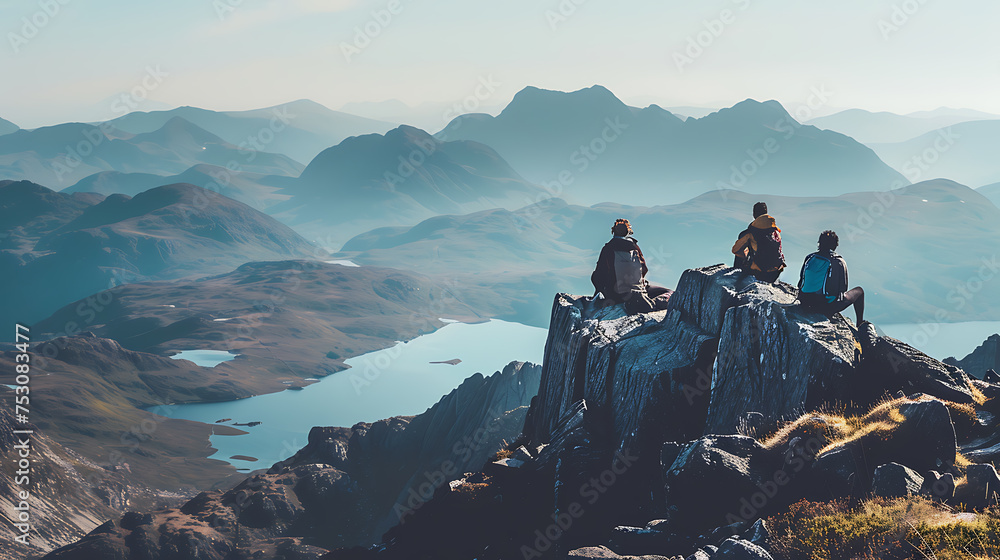 Hikers Resting on Mountain Peak Overlooking Scenic Landscape