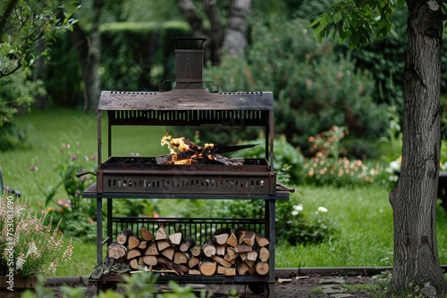 Open Air Rustic Metal Barbecue Grill with Firewood. Fire flame for BBQ on summer picnic in green garden. 