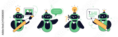 
Funny robot set. Cute cyborg or chat bot creating artwork, drawing text, answering questions. Vector illustration on white background.