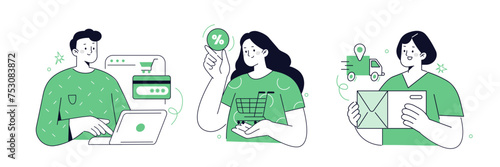 Shopping and delivery concept set. Characters buy goods at store, pay with card, receive a parcel. Online retail market. Vector illustration.