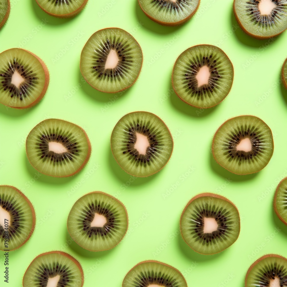 Slices of kiwi on green background. Flat lay. Kiwi pattern for design. Slices of kiwi on green background. Flat lay. Kiwi pattern for design.