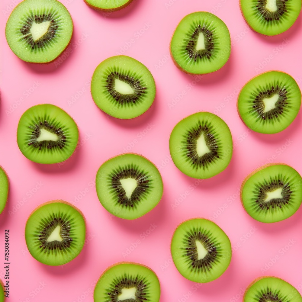 Slices of kiwi on pink background. Flat lay. Kiwi pattern for design. Slices of kiwi on pink background. Flat lay. Kiwi pattern for design.