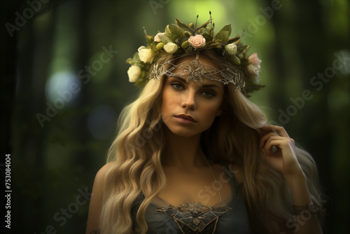 Beautiful forest nymph, with ethereal features and a crown of flowers. Generative AI