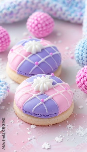 Colorful cookies with vintage quilt pattern in blue and pink icing on multi colored dough background