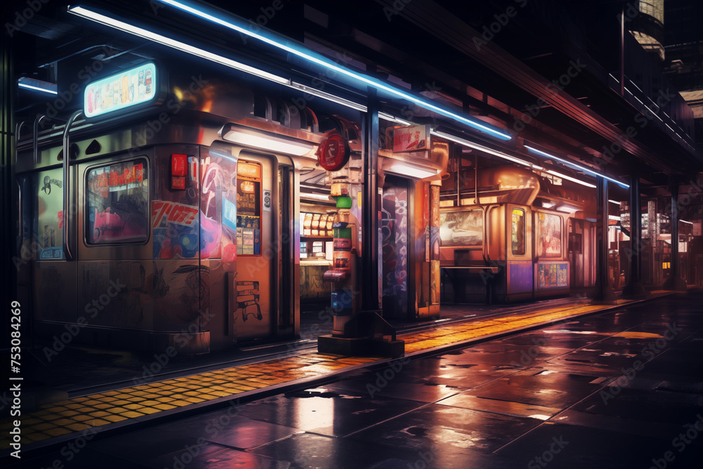 Subway station at night, illuminated by the glow of neon lights and bustling with activity. Generative AI Subway station at night, illuminated by the glow of neon lights and bustling with activity. Generative AI