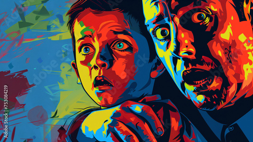 A pop art close-up of a father and son, their vibrant expressions masking a complex, troubled relationship