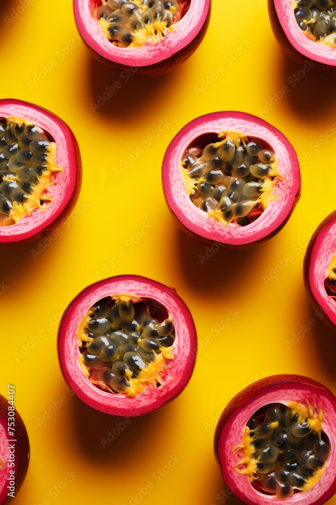 Exotic Patterns: Vibrant Passion Fruit Halves on Bright Yellow Background. Summer concept. Flat Lay