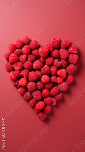 Heart Shape Made of Ripe Raspberries on a Pink Background. Minimal summer fruit layout. © Andrei