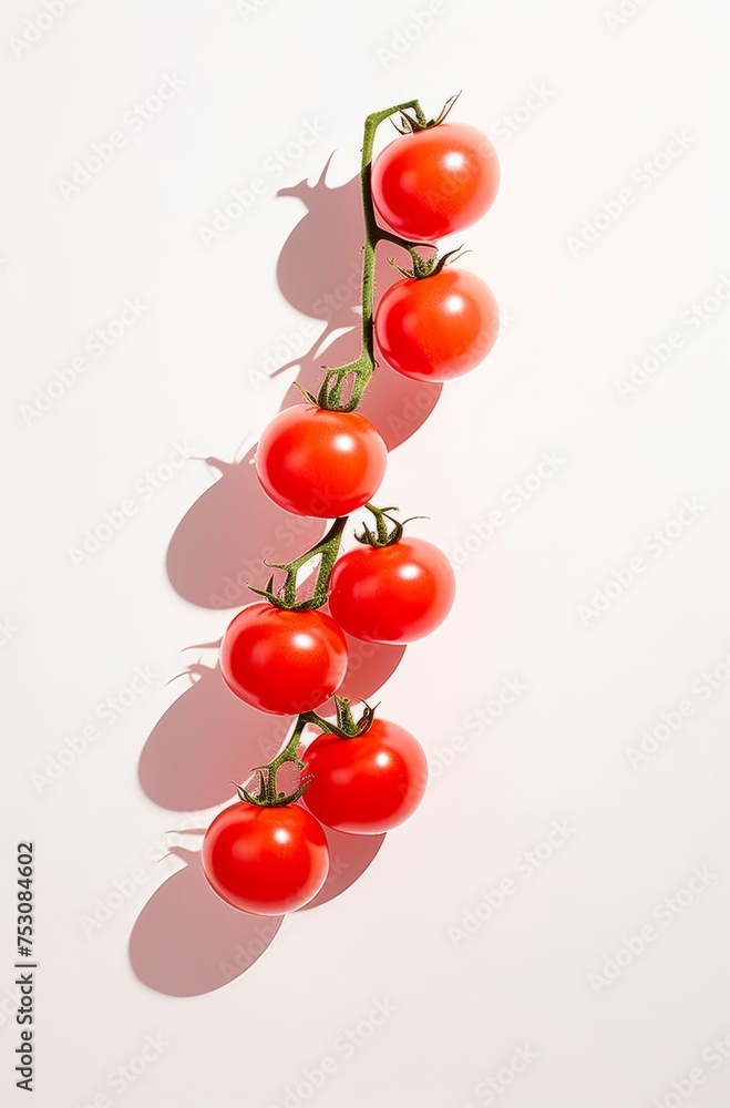 Tomato Lineup: Cherry Tomatoes Cast Shadows on a Bright Surface. Minimalistic Food concept Tomato Lineup: Cherry Tomatoes Cast Shadows on a Bright Surface. Minimalistic Food concept