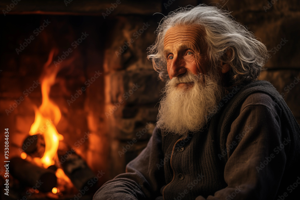 Wise elder, seated by a crackling fireplace with a book in hand. Generative AI Wise elder, seated by a crackling fireplace with a book in hand. Generative AI