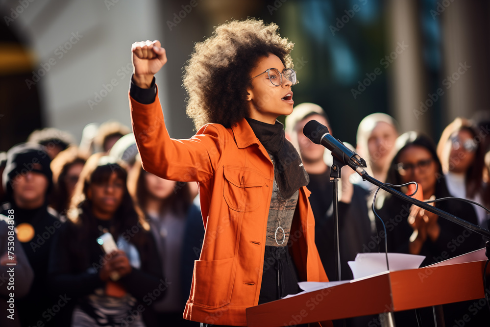 Fototapeta premium Young female activist, standing at a podium in front of a crowd. Generative AI