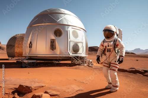 Lonely astronaut in a space suit on the surface of Mars with luggage, suitcase. Space tourist, the first colonizer of an alien planet. photo