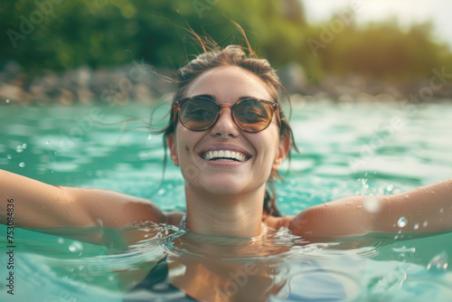 Young happy woman floating on water during summer day