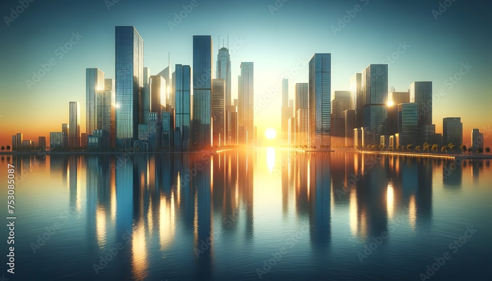 A modern city skyline is bathed in the warm glow of a rising or setting sun, with the skyscrapers' reflections shimmering on the calm water in the foreground., city skyline at sunset