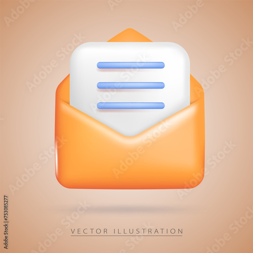 Open envelope in realistic 3d style, isolated on orange background.