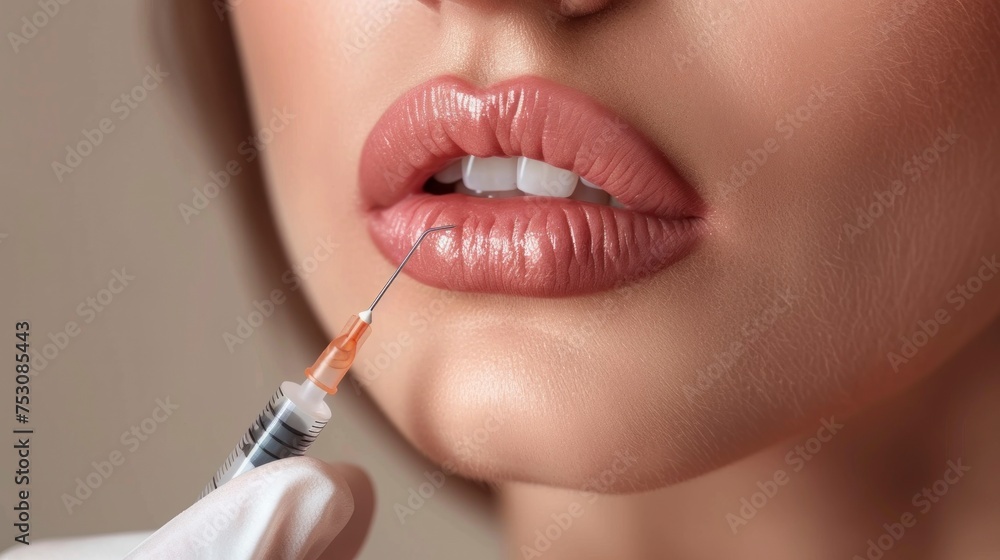 Obraz premium beautiful lips of a girl injecting for natural increase in lip thickness in high resolution and high quality. concept injections, implants