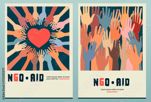 Raised hands in circle of volunteer people around a heart. People diversity. Charitable and donation. Support and assistance. NGO. Aid. Help. Volunteerism. Poster or Banner copy space