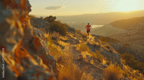 An athlete jogs down a rugged mountain trail, bathed in the warm light of the setting sun. Trail running.