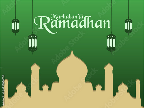 Marhaban ya Ramadhan greeting, Islamic decoration template with mosque silhouette and lantern ornament. Can be used for Eid Mubarak