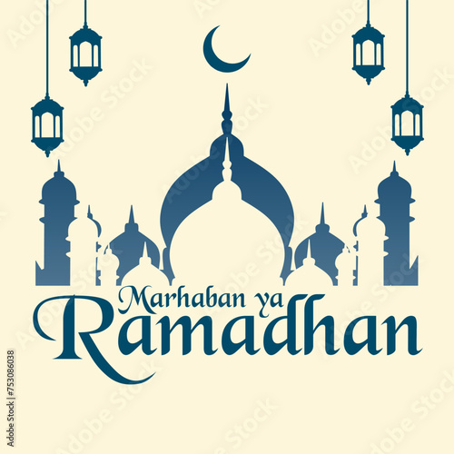 Marhaban ya ramadan greeting card, islamic decoration template with mosque silhouette and lantern ornament isolated on cream background