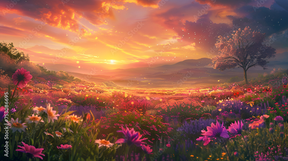 a colorful field of flowers is seen at the sunset - obrazy, fototapety, plakaty 