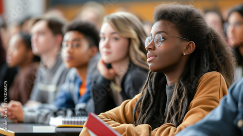 Young multiethnic students sitting in class, listening to the lecture and taking notes.