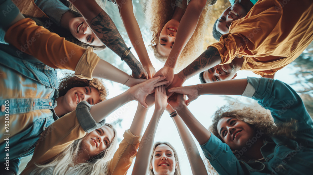 A group of young people holding hands in a circle, showing unity and support for each other's dreams and goals. A group of young people holding hands in a circle, showing unity and support for each other's dreams and goals.