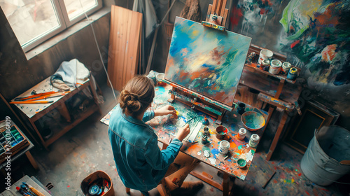 Young female artist painting in her studio, wide angle shot from above, with a paintbrush and palette on the table, using vibrant colors