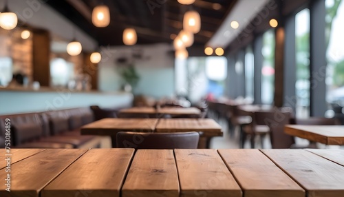 Lofty chill modern restaurant with wooden table and Depth of field , blurred background
