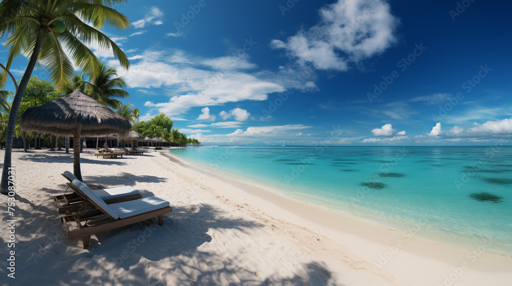 Panoramic beautiful sandy beach with sunbeds