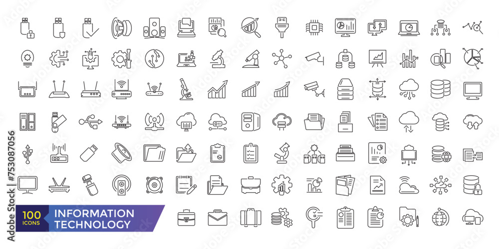 Information technology Machine learning, data analysis thin line icons set vector illustration. Outline algorithms and automatic smart processes icon collection.