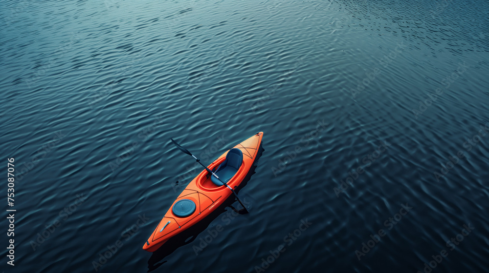 Aerial top view of orange kayak on calm lake water, isolated in blue background with copy space. Scenic aerial landscape. Beauty and sport concept Aerial top view of orange kayak on calm lake water, isolated in blue background with copy space. Scenic aerial landscape. Beauty and sport concept